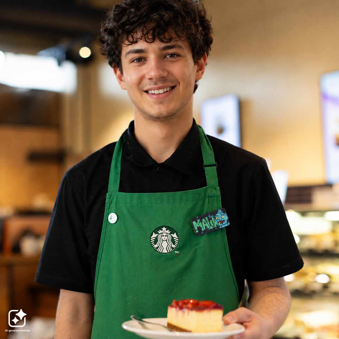 Medarbejder fra Starbucks på Frederiksberg, står med jordbær kage.